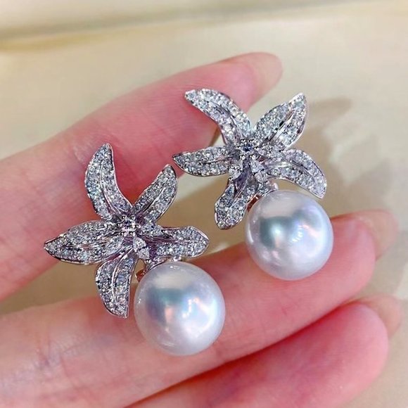 🎀925 Silver Plating CZ Crystal Imitation Pearl Starfish Earring, HA4526 - Picture 2 of 5